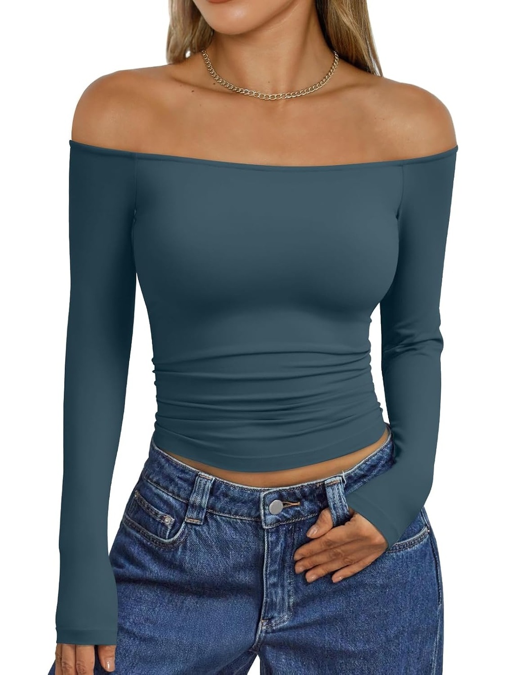 Women's Blue Cute Crop Boat Neck Long Sleeve T Shirts Off The Shoulder Tops